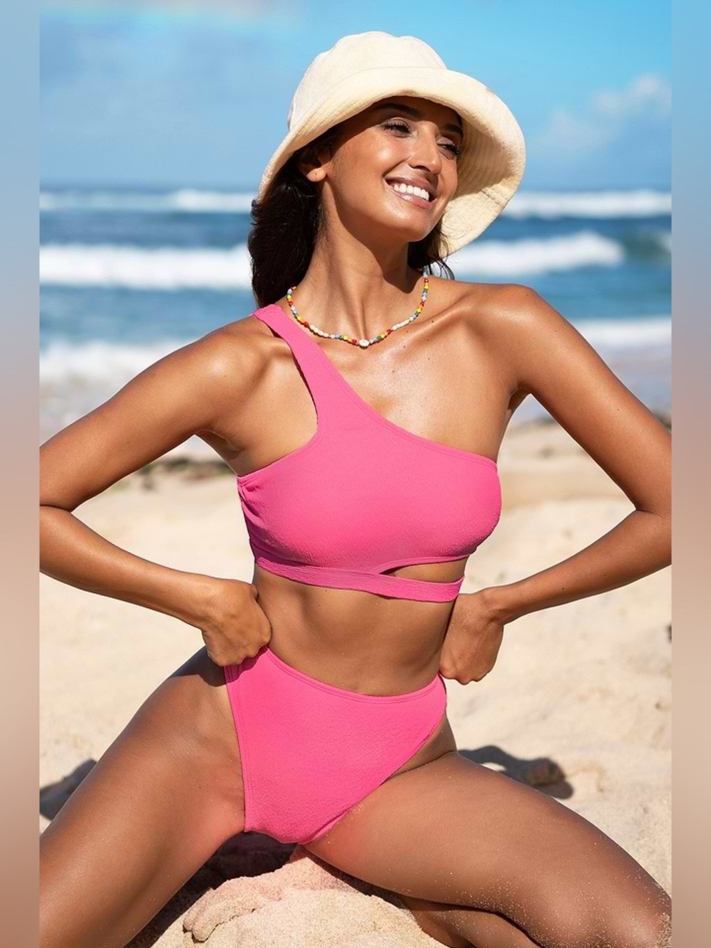 CUPSHE Bubblegum Pink One-Shoulder Bikini Top & Cheeky Bottoms Set
